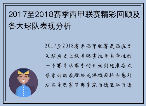 2017至2018赛季西甲联赛精彩回顾及各大球队表现分析