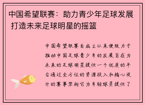 中国希望联赛：助力青少年足球发展 打造未来足球明星的摇篮